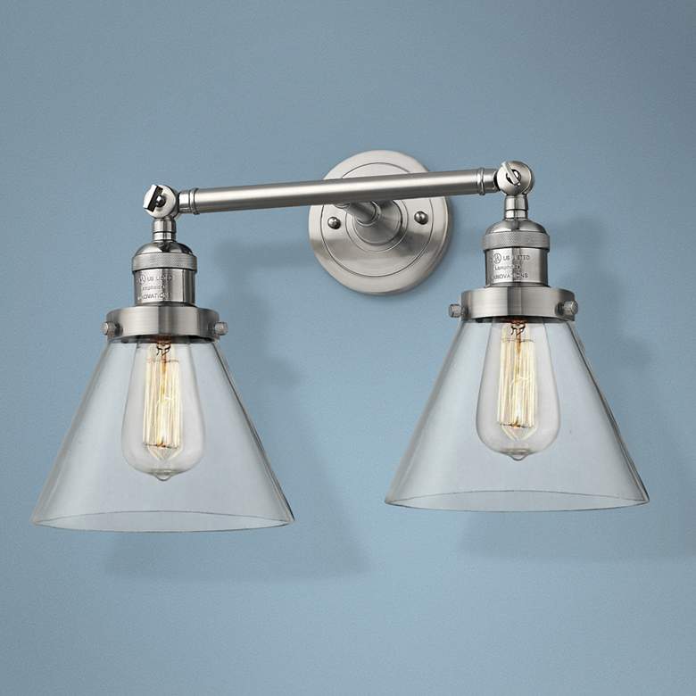 Image 1 Large Cone 11"H Satin Nickel 2-Light Adjustable Wall Sconce