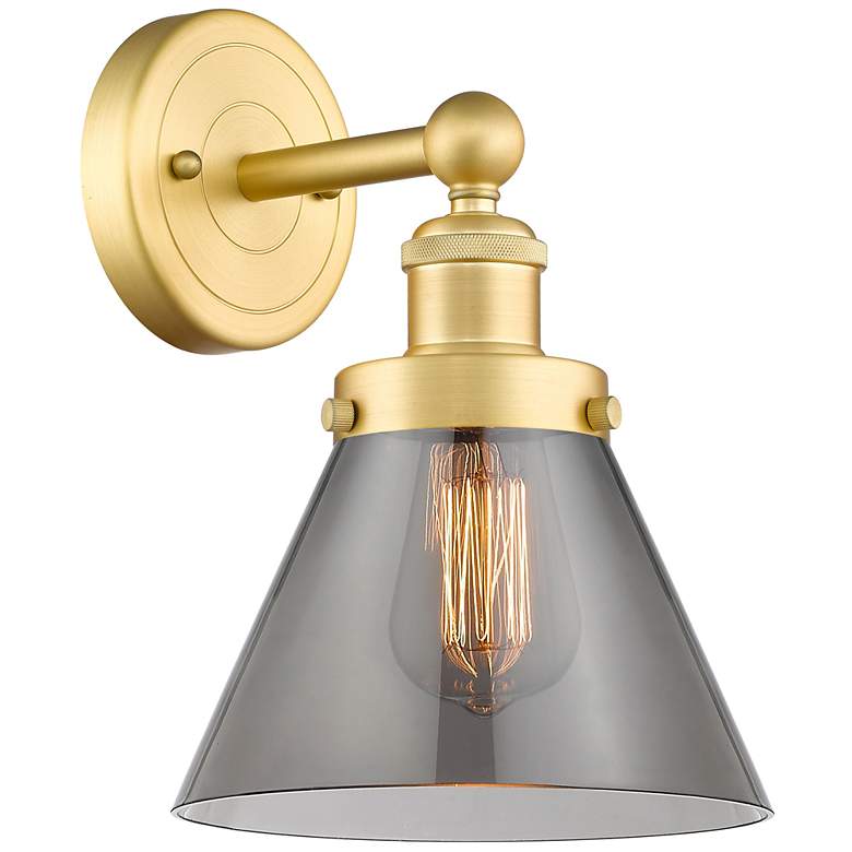 Image 1 Large Cone 2.25" High Satin Gold Sconce With Plated Smoke Shade