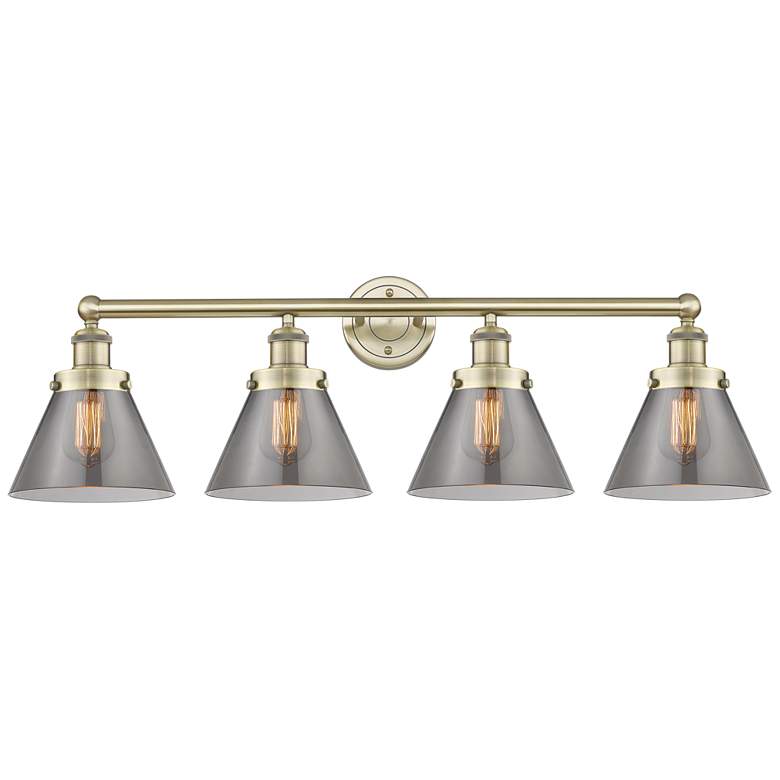 Image 1 Large Cone 33.5"W 4 Light Antique Brass Bath Light With Plated Smoke S
