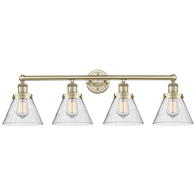 Image 1 Large Cone 33.5"W 4 Light Antique Brass Bath Vanity Light With Seedy S