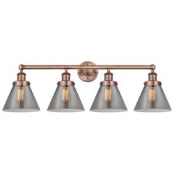 Large Cone 33.5"W 4 Light Antique Copper Bath Light With Plated Smoke