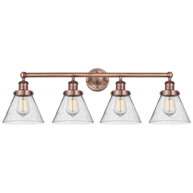 Image 1 Large Cone 33.5"W 4 Light Antique Copper Bath Vanity Light With Seedy