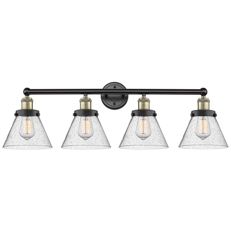 Image 1 Large Cone 33.5"W 4 Light Black Antique Brass Bath Light With Seedy Sh