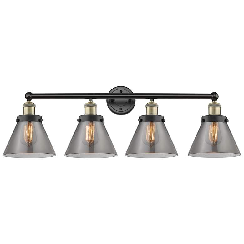 Image 1 Large Cone 33.5"W 4 Light Black Brass Bath Light With Plated Smoke Sha