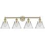 Large Cone 34.75"W 4 Light Antique Brass Bath Vanity Light With Clear