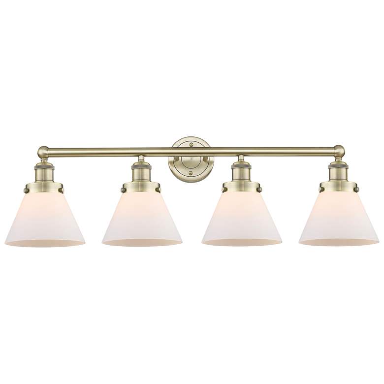 Image 1 Large Cone 34.75"W 4 Light Antique Brass Bath Vanity Light With White