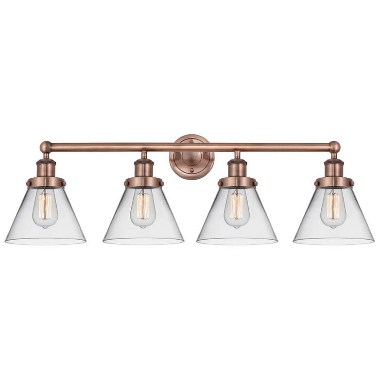 Image 1 Large Cone 34.75"W 4 Light Antique Copper Bath Light With Clear Shade