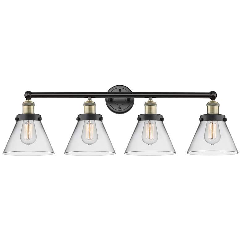 Image 1 Large Cone 34.75"W 4 Light Black Antique Brass Bath Light With Clear S