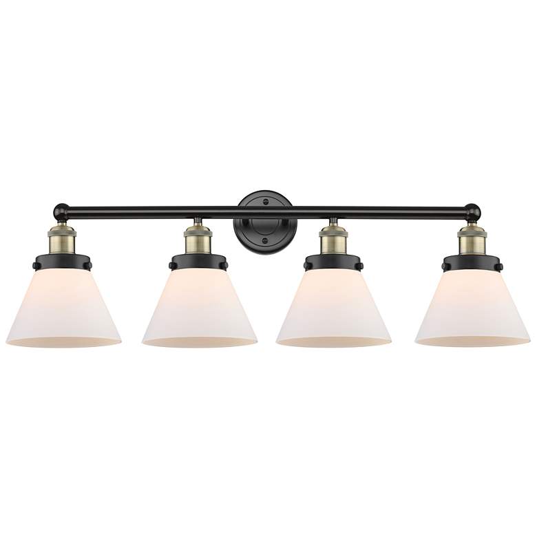 Image 1 Large Cone 34.75 inchW 4 Light Black Antique Brass Bath Light With White S