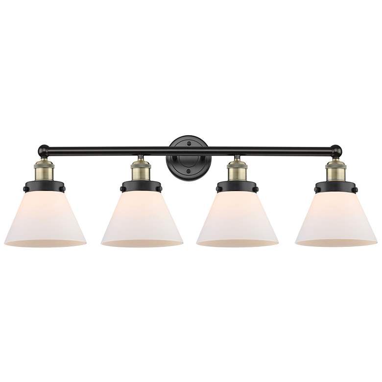Image 1 Large Cone 34.75"W 4 Light Black Antique Brass Bath Light With White S