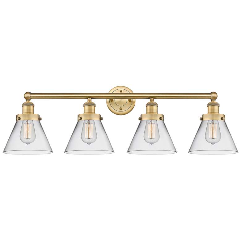 Image 1 Large Cone 34.75"W 4 Light Brushed Brass Bath Vanity Light w/ Clear Sh