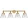 Large Cone 34.75"W 4 Light Brushed Brass Bath Vanity Light w/ Clear Sh