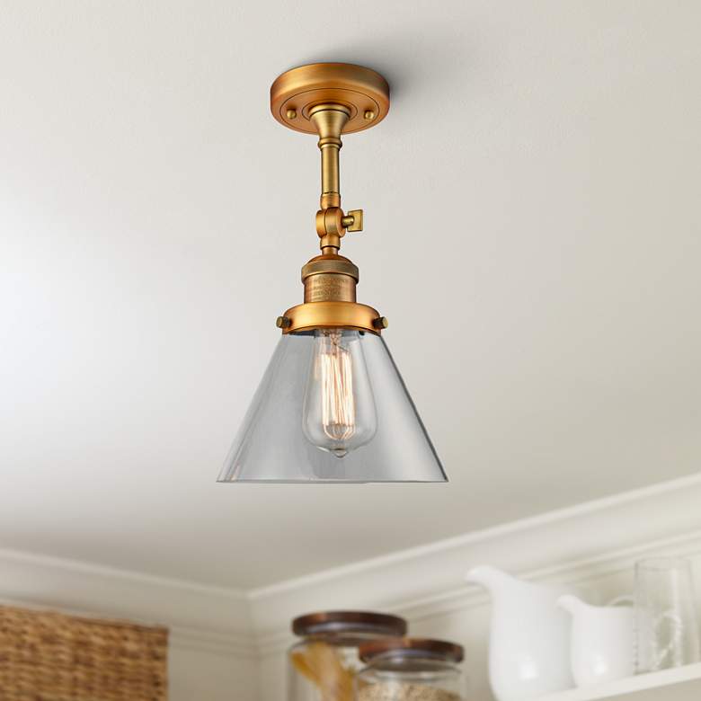 Image 1 Large Cone 8 inch Wide Brushed Brass Adjustable Ceiling Light