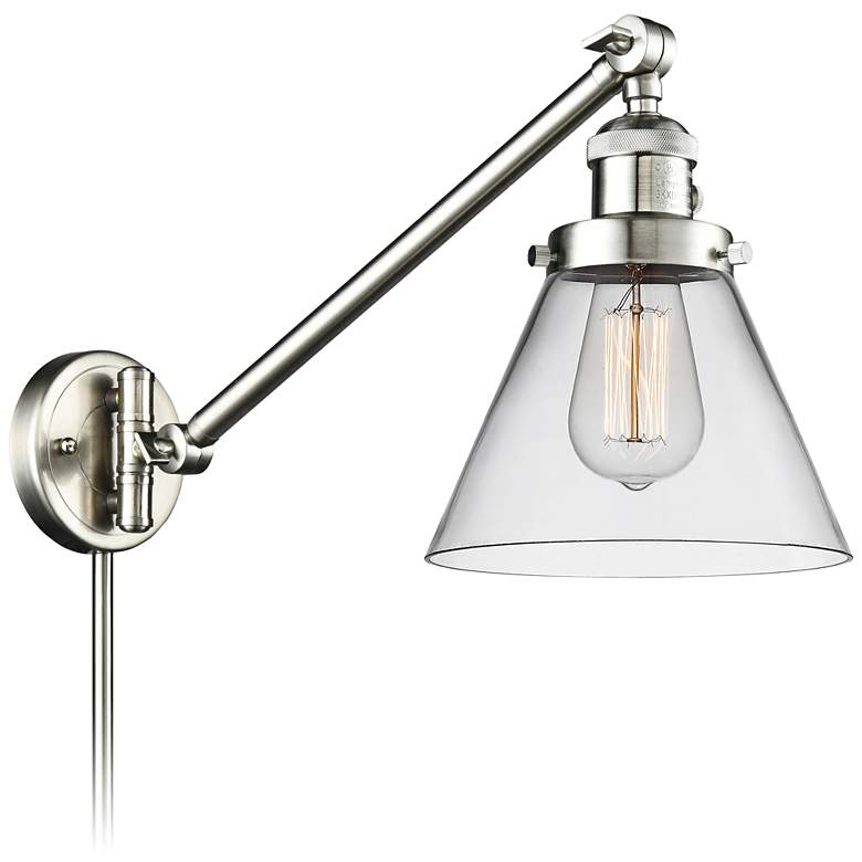 Image 1 Large Cone Brushed Satin Nickel Glass Swing Arm Wall Lamp