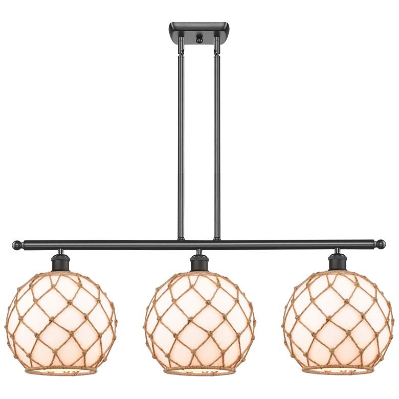 Image 1 Large Farmhouse 36"W 3 Light Bronze Island Light w/ White and Brown Sh