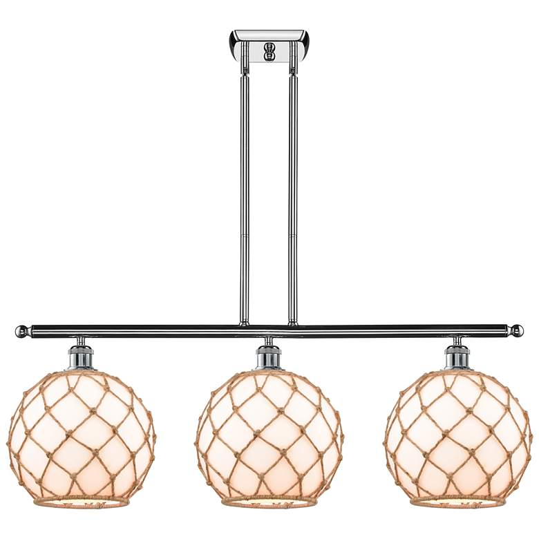 Image 1 Large Farmhouse 36"W 3 Light Chrome Island Light w/ White and Brown Sh
