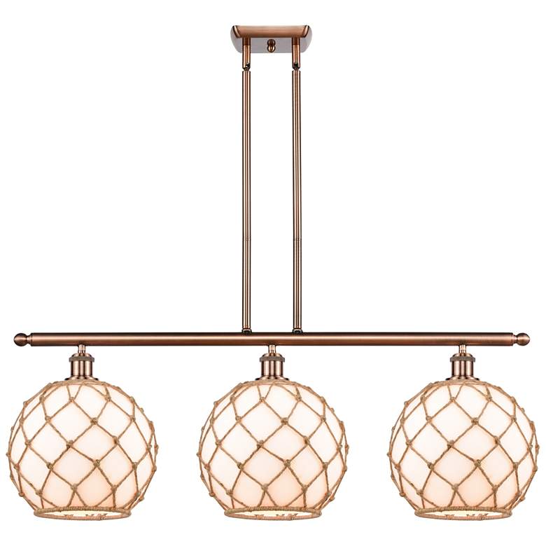 Image 1 Large Farmhouse 36"W 3 Light Copper Island Light w/ White and Brown Sh
