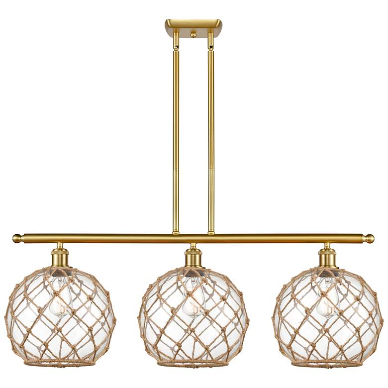 Image 1 Large Farmhouse 36"W 3 Light Gold Island Light w/ Clear and Brown Shad