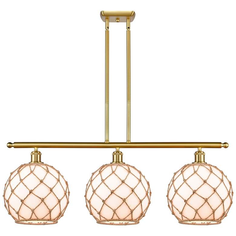 Image 1 Large Farmhouse 36"W 3 Light Gold Island Light w/ White and Brown Shad