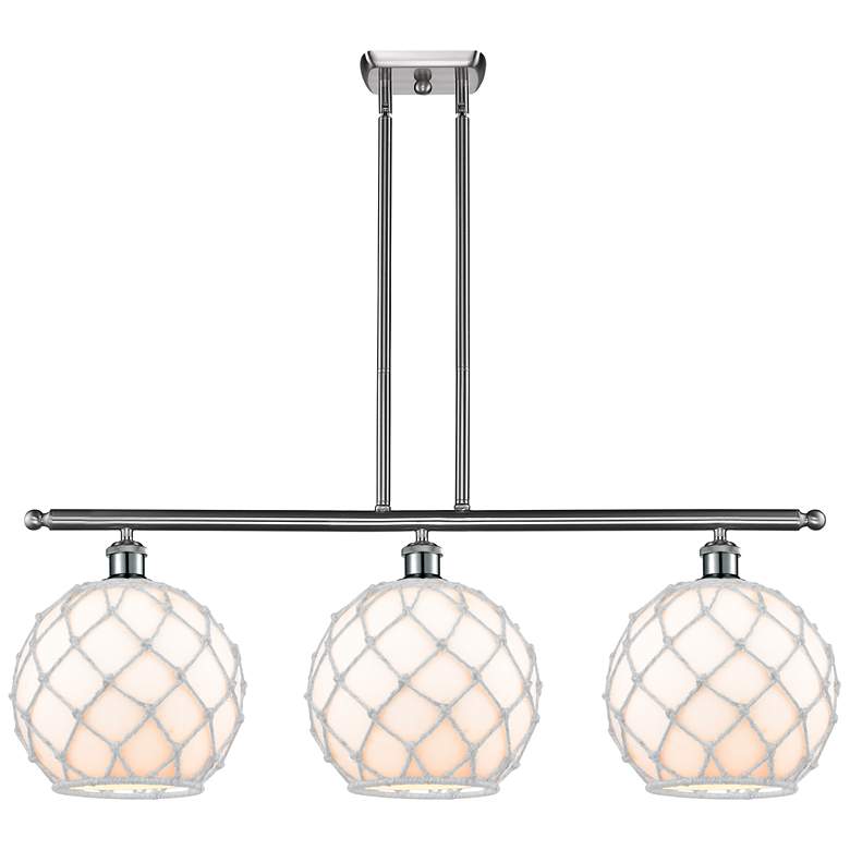 Image 1 Large Farmhouse 36"W 3 Light Satin Nickel Island Light w/ White Shade