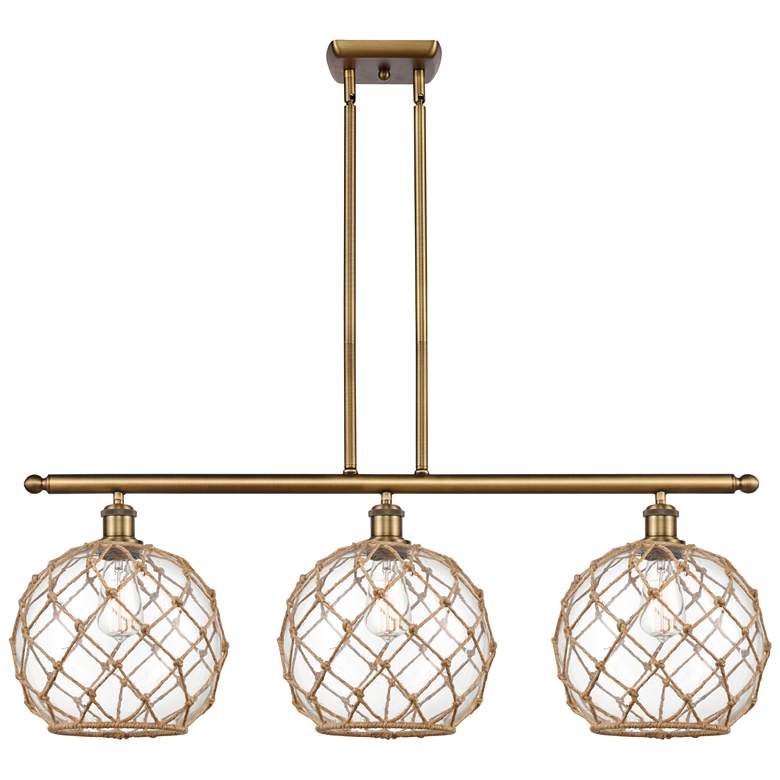 Image 1 Large Farmhouse 36"W 3 Lt Brushed Brass Island Light w/ Clear & Br