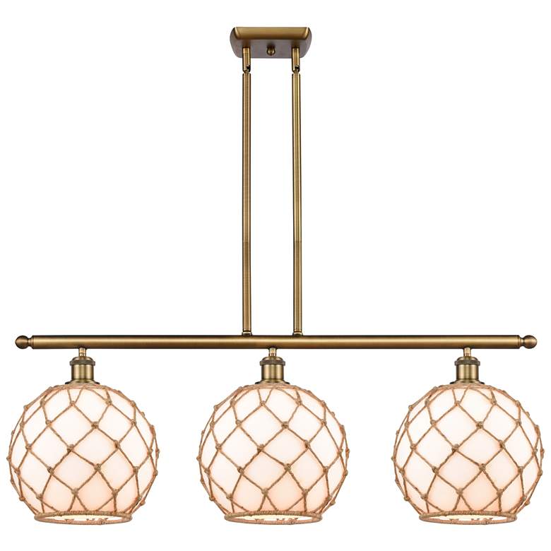 Image 1 Large Farmhouse 36"W 3 Lt Brushed Brass Island Light w/ White & Br