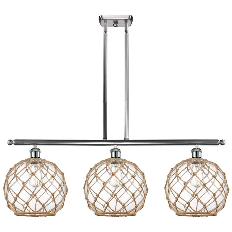 Image 1 Large Farmhouse 36"W 3 Lt Satin Nickel Island Light w/ Clear & Bro