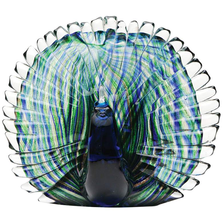 Image 1 Large Green Glass 8 inch Wide Peacock Shimmering Figurine