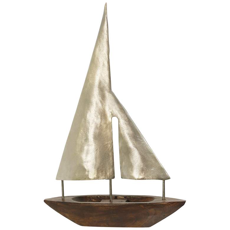 Image 1 Large Pewter Sails Natural Stained Wood Base Boat Sculpture