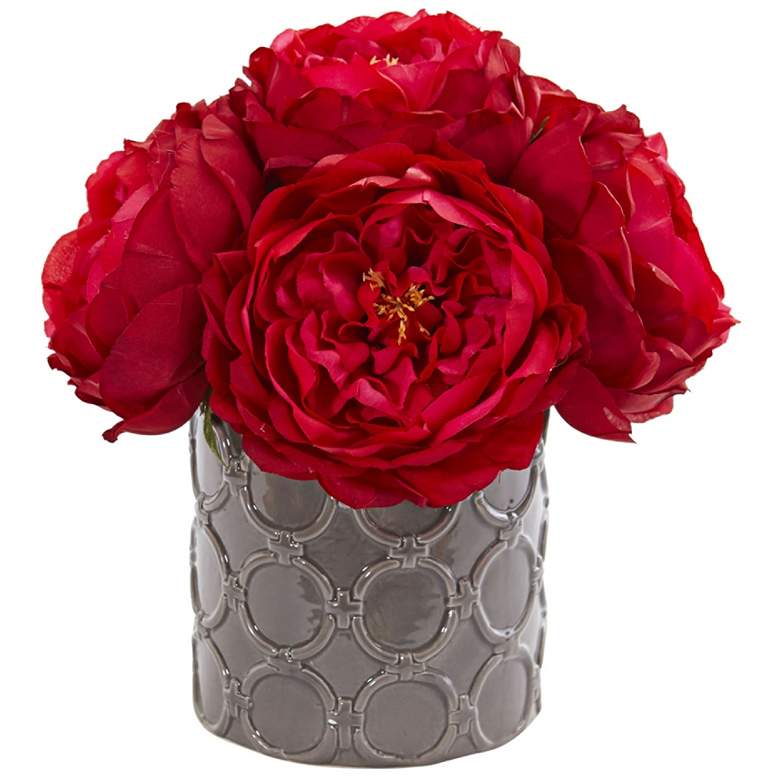 Image 1 Large Red Peony 10 inch High Faux Flowers in Gray Ceramic Vase
