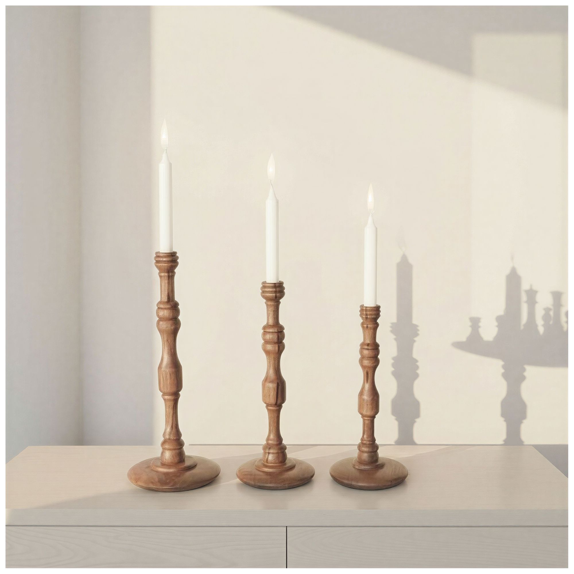 Image 2 Large Turned Mango Wood Taper Candle Holder, Walnut Finish more views