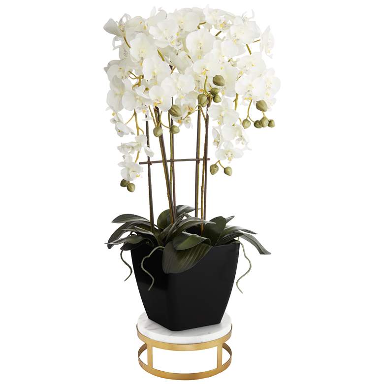 Image 1 Large White Faux Orchid With Brass Round Riser
