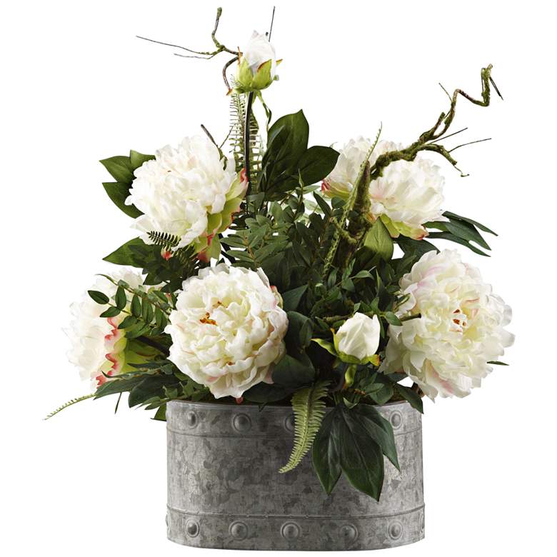 Image 1 Large White Peonies 23 inch High Faux Flowers in Oval Planter