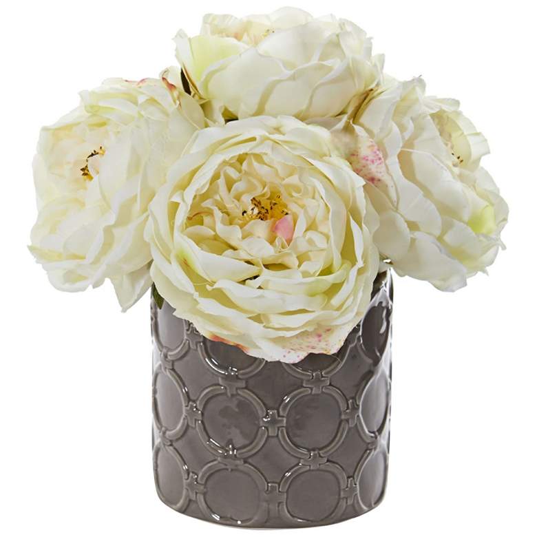 Image 1 Large White Peony 10 inch High Faux Flowers in Gray Ceramic Vase