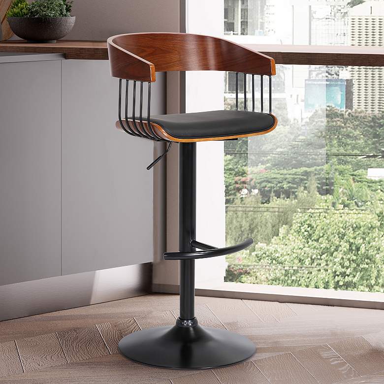 Image 1 Larisa Adjustable Bar Stool in Walnut Wood and Black Faux Leather
