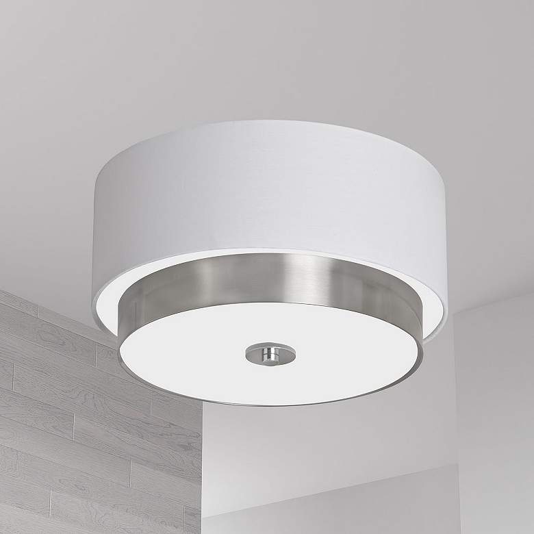 Image 1 Larkin 14" Wide White and Satin Chrome Drum Ceiling Light
