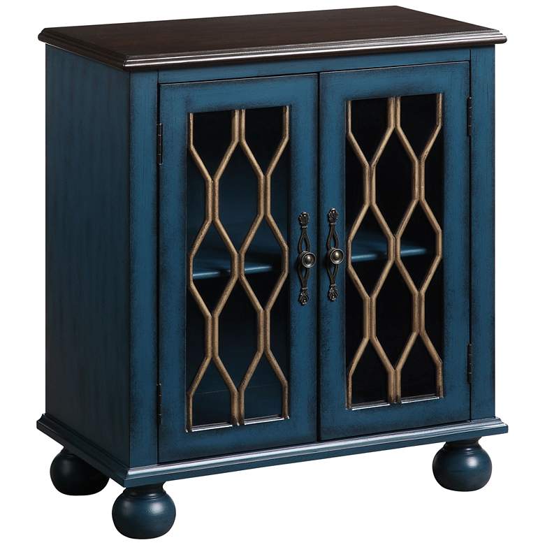 Image 2 Lassie 28"W Antique Blue and Brown Wood 2-Door Accent Table