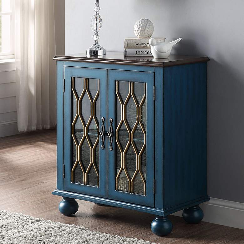 Image 1 Lassie 28 inchW Antique Blue and Brown Wood 2-Door Accent Table