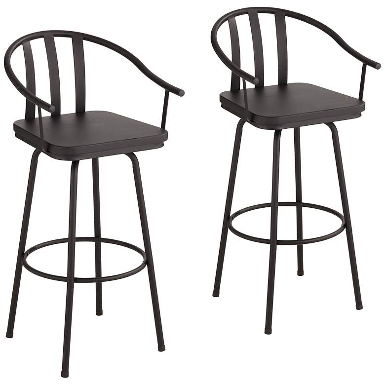 Image 3 Latham 25 1/4" Black Metal and Wood Swivel Counter Stools Set of 2