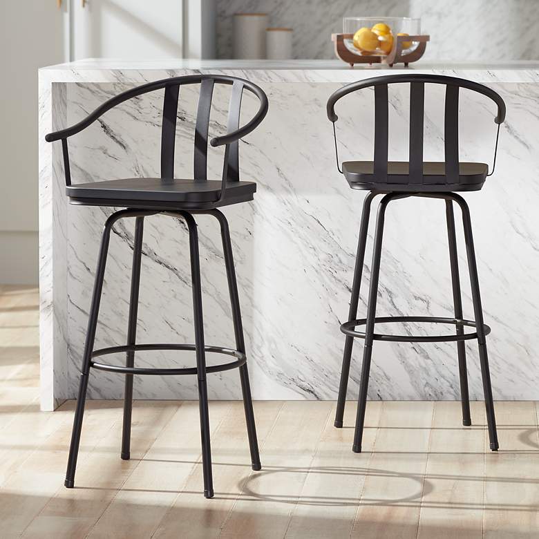 Image 2 Latham 25 1/4" Black Metal and Wood Swivel Counter Stools Set of 2