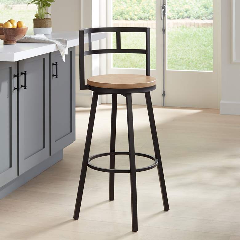 Image 1 Latham 25 1/4 inch Matte Black Metal and Wood Swivel Counter Stool