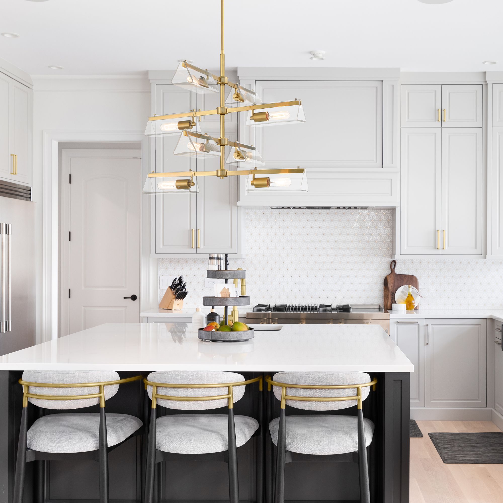 Latitude 28.5 in. 8-Light Brushed Gold Modern Chandelier with Glass Shades