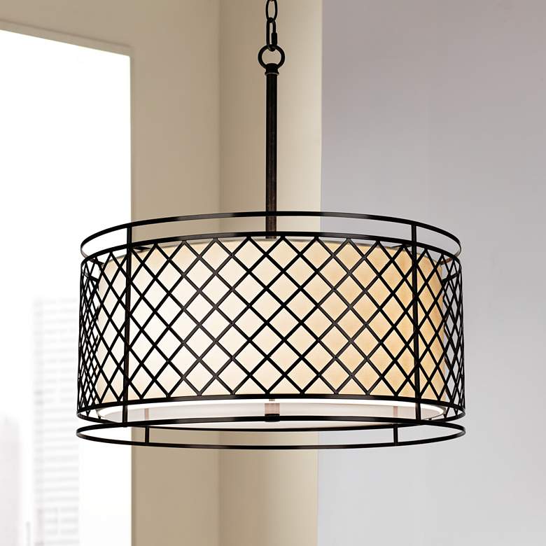 Image 1 Lattice 4-Light 20 1/4 inch Wide Bronze Pendant Light