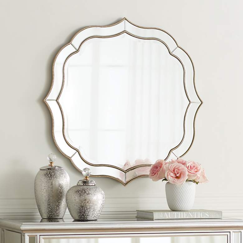 Image 1 Laureen 32 inch Distressed Champagne Scalloped Round Wall Mirror