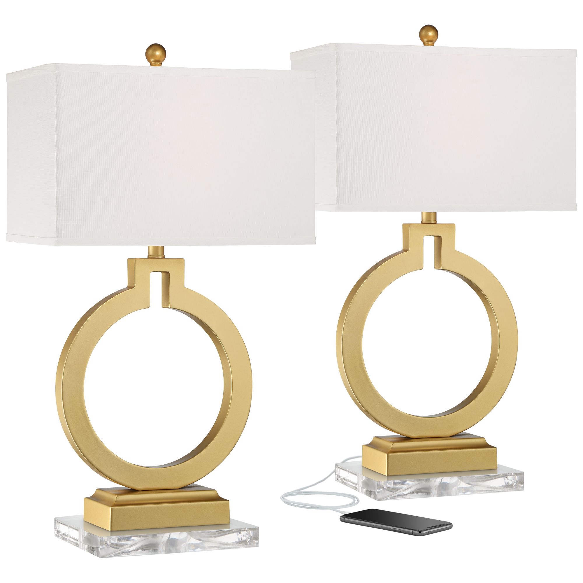 Lauren Gold Ring USB Table Lamps Set of 2 with Clear Acrylic Risers