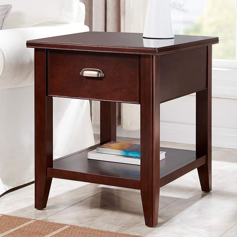 Image 1 Laurent 20" Wide Chocolate Cherry Wood 1-Drawer Side Table