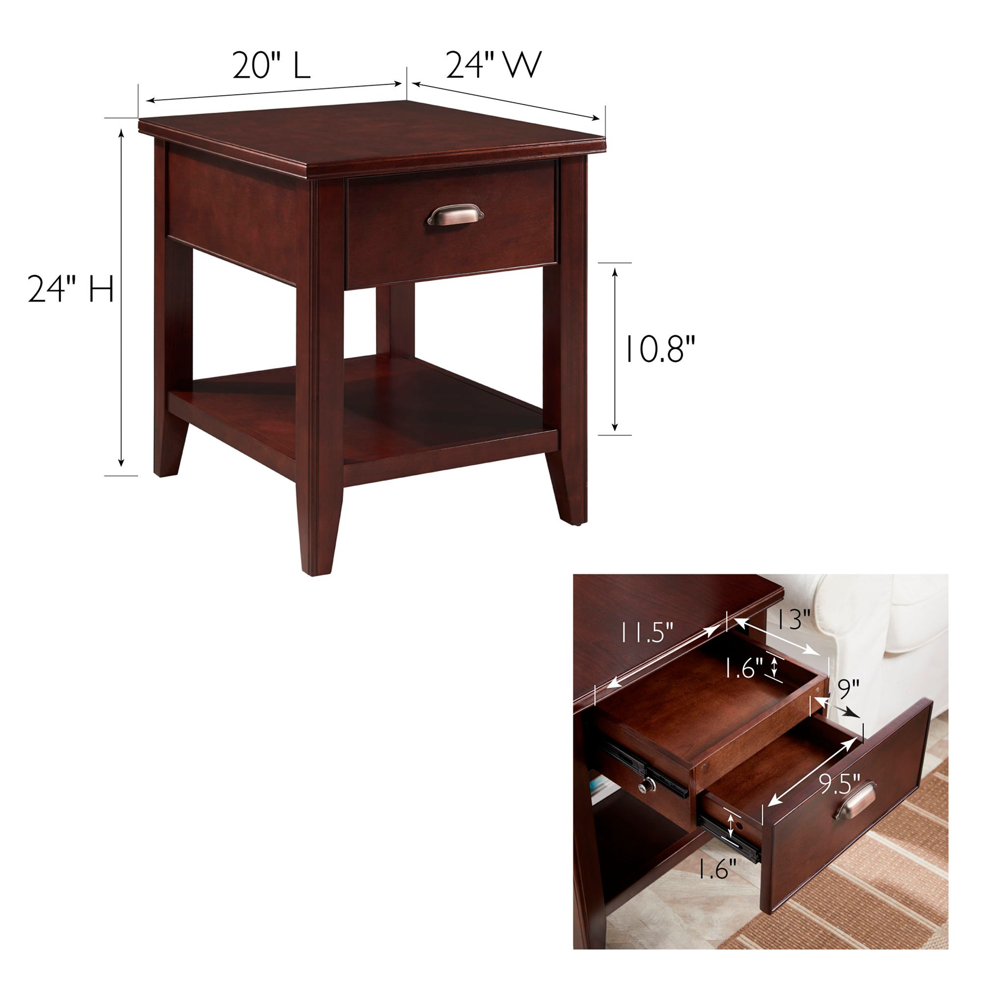 Laurent 20" Wide Chocolate Cherry Wood 1-Drawer Side Table