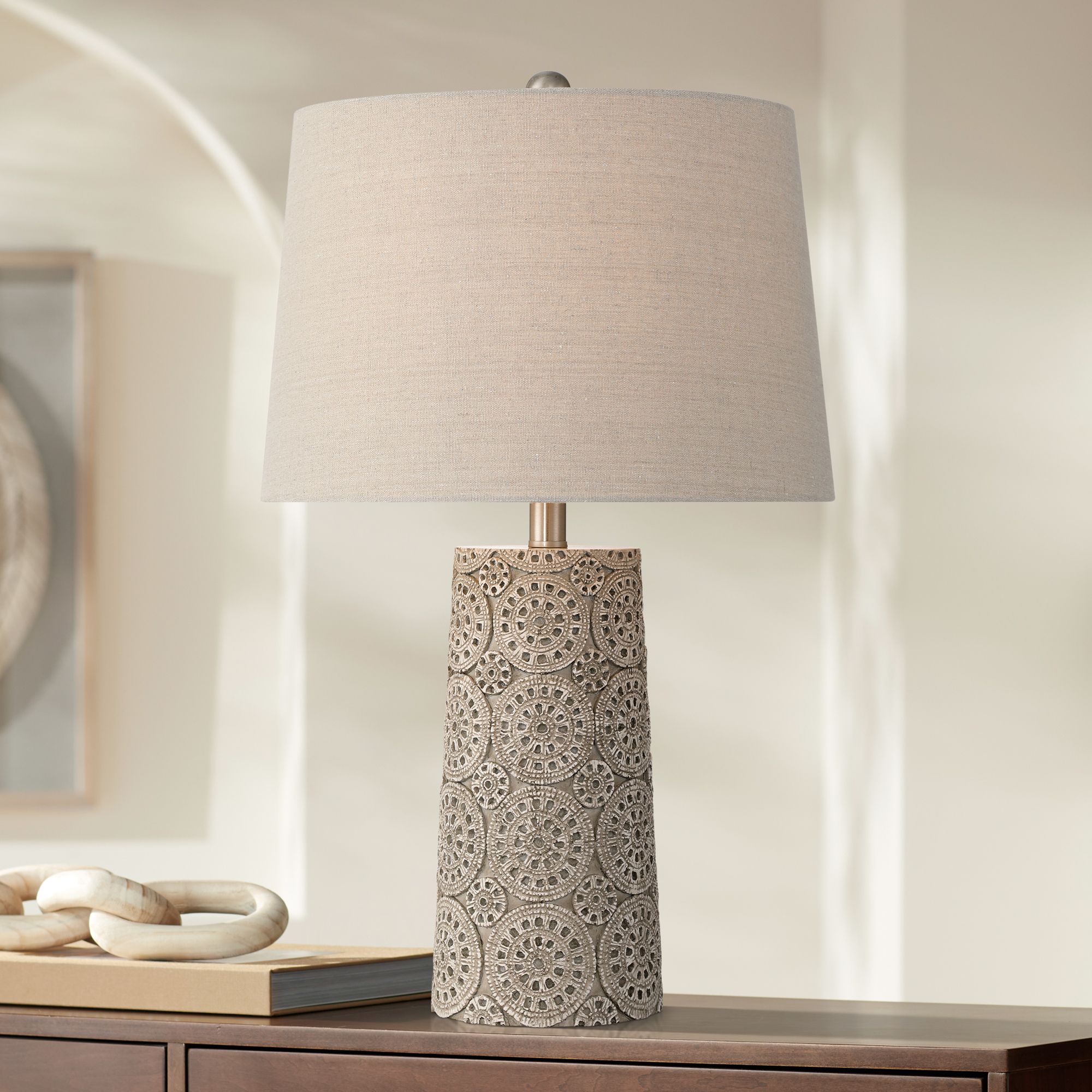 Lavinia 24 1/2"H Carved Stone Motif Table Lamp Set of 2 with Dimmer in scene
