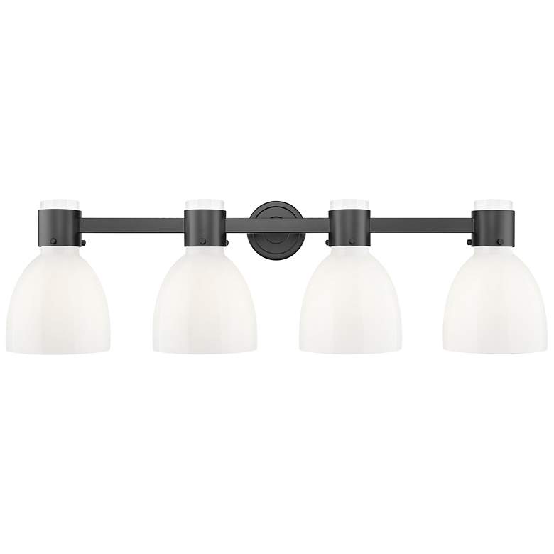 Image 1 Lawton Bell 34"W 4 Light Black Wall Bath Light w/ Gloss White Shade