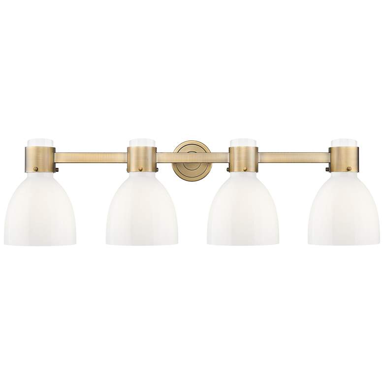Image 1 Lawton Bell 34"W 4 Light Brass Wall Bath Light w/ Gloss White Shade